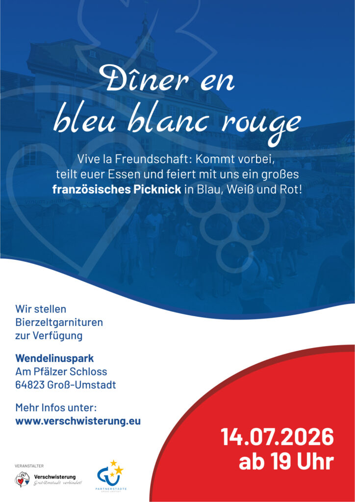 Veranstaltungsplakat für „Dîner en bleu blanc rouge“ mit deutschem und französischem Text, das zu einem festlichen französischen Picknick am 14. Juli 2026 um 19 Uhr im Wendelinspark in Groß-Umstadt einlädt. Farbmotto: Blau, Weiß und Rot.