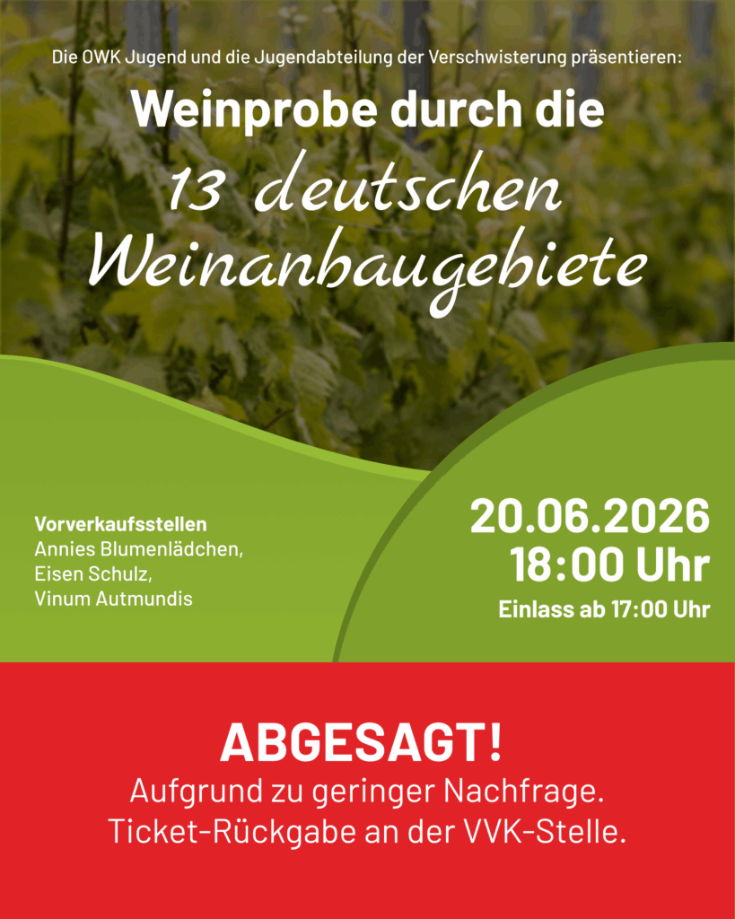 Veranstaltungsflyer mit grünem und rotem Abschnitt wirbt für eine Weinprobe durch 13 deutsche Weinanbaugebiete, geplant für den 20. Juni 2026 um 18:00 Uhr. Die Veranstaltung wird wegen zu geringer Nachfrage abgesagt; die Eintrittskarten können zurückerstattet werden.
