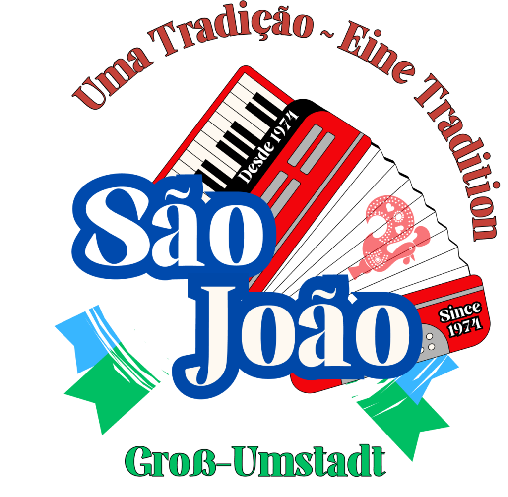 Logo für das São-João-Festival in Groß-Umstadt zur Feier der Verschwisterung mit einem roten Akkordeon, blauem São-João-Schriftzug, grünen und blauen Bändern und den Sätzen Uma Tradição - Eine Tradition und Since 1971 / Desde 1971.
