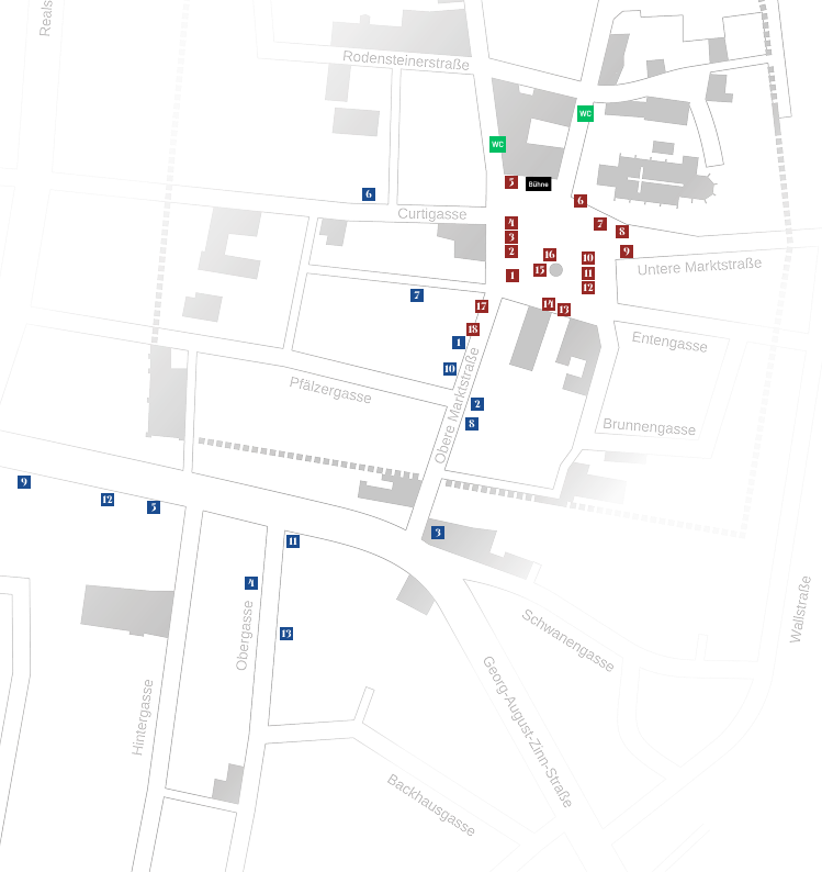 Karte eines kleinen Stadtgebiets mit beschrifteten Straßen und Gebäuden. Symbole in Rot, Blau und Grün kennzeichnen Sehenswürdigkeiten oder Dienstleistungsangebote entlang der Curtiggasse, des Obermarkts und der umliegenden Straßen – ideal, um sich bei den Veranstaltungen des Johannisfests in Groß-Umstadt zurechtzufinden. Beschriftungen und Symbole sind deutlich gekennzeichnet.