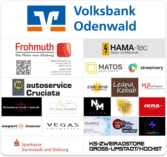 Eine Collage aus verschiedenen Firmenlogos, darunter die Volksbank Odenwald, die Sparkasse Darmstadt und Dieburg sowie der KS-Zweiradstore – sie repräsentieren Partner aus Branchen wie Lebensmittel, Technologie, Reisen und Kfz-Dienstleistungen auf dem Johannisfest in Groß-Umstadt.